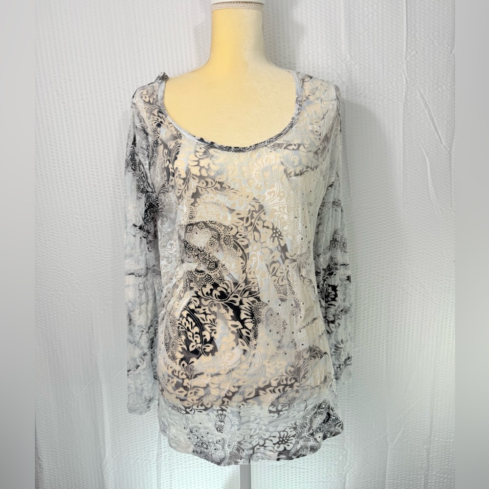 Y2K Women’s Calvin Klein Sheer Rhinestone, Long Sleeve Blouse, Top Round Neck